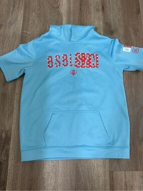Kids Light Blue Short-Sleeve Hoodie with Red Logo Graphic